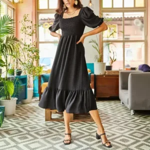 Black Smocked Midi Dress
